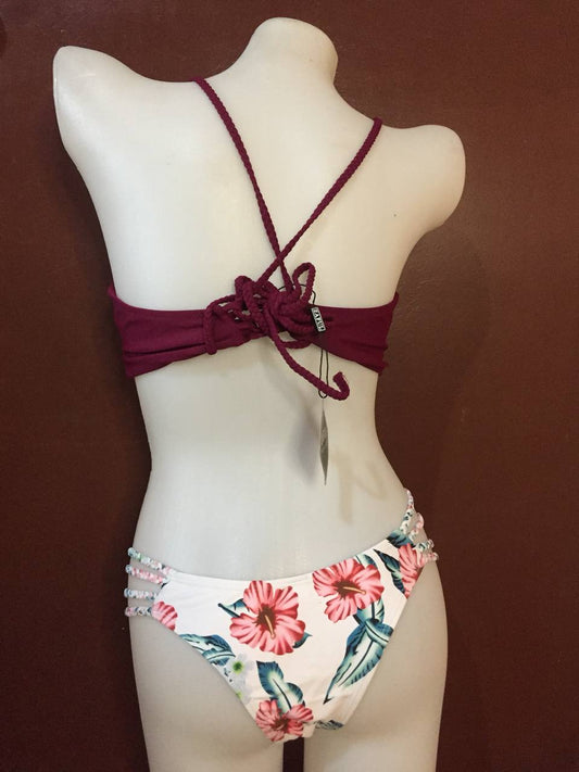 Burgundy Maroon Zaful Braided Floral Strappy Crisscross 2pc Bikini Swimsuit