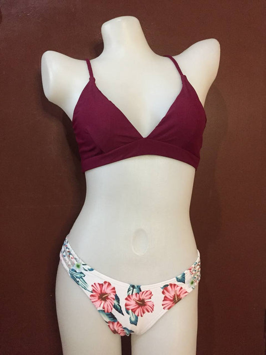 Burgundy Maroon Zaful Braided Floral Strappy Crisscross 2pc Bikini Swimsuit