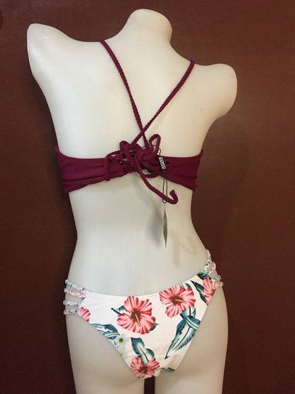 Burgundy Maroon Zaful Braided Floral Strappy Crisscross 2pc Bikini Swimsuit
