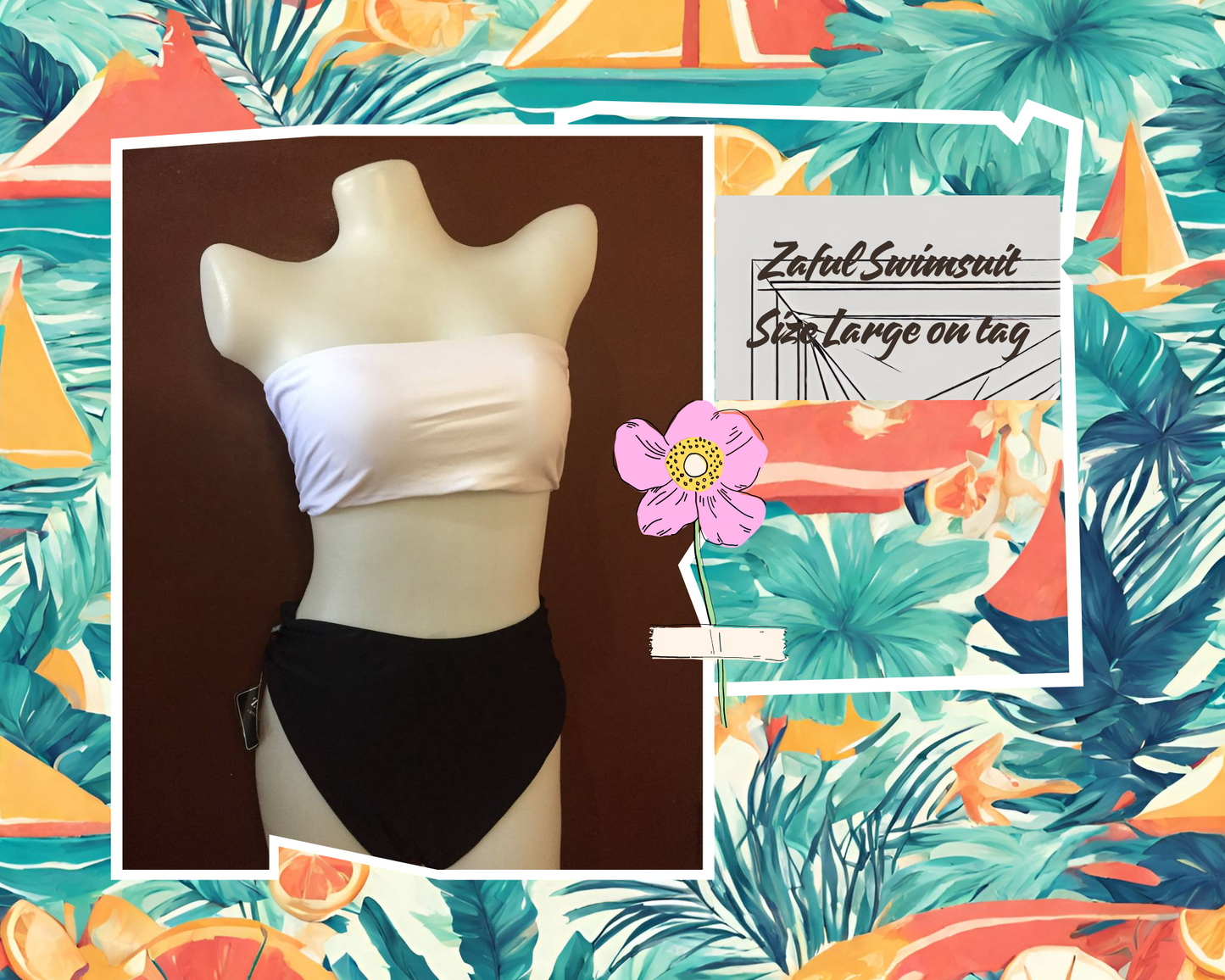White and Black Zaful Tube 2pc Bikini Swimsuit